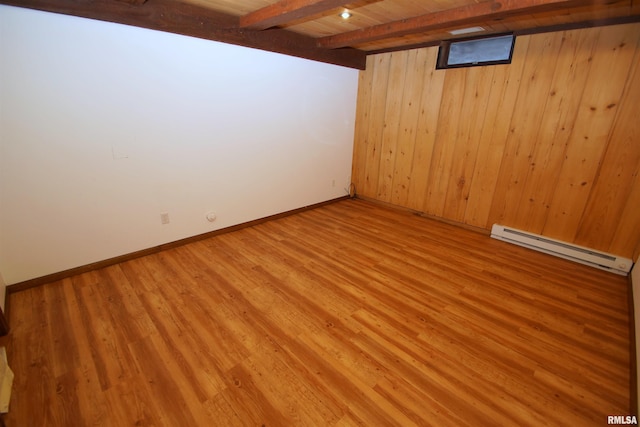 basement featuring wooden ceiling, hardwood / wood-style floors, a baseboard heating unit, and wooden walls