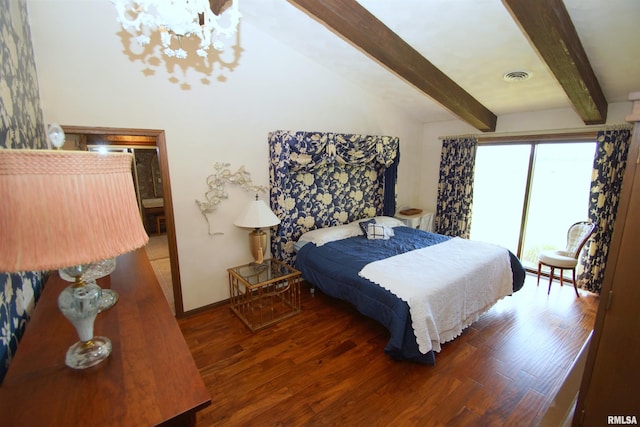 bedroom featuring wood-type flooring, beam ceiling, and a chandelier