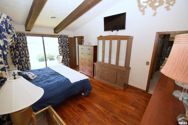 bedroom featuring vaulted ceiling with beams and dark hardwood / wood-style flooring