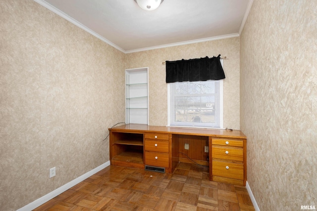 unfurnished office with crown molding and parquet flooring