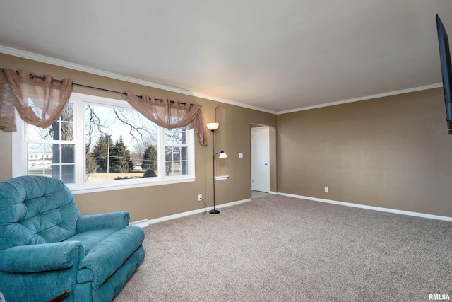 living area with crown molding and carpet flooring