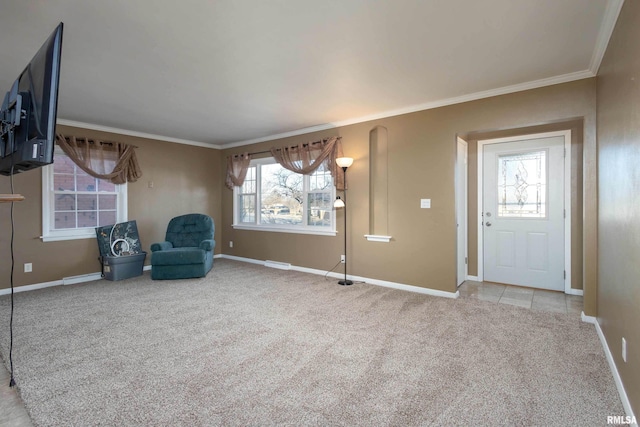 unfurnished room featuring crown molding, light colored carpet, and a healthy amount of sunlight