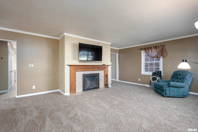 unfurnished living room with crown molding, light colored carpet, and a fireplace