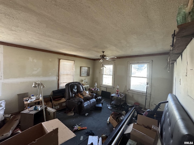 misc room featuring a textured ceiling, ceiling fan, and crown molding