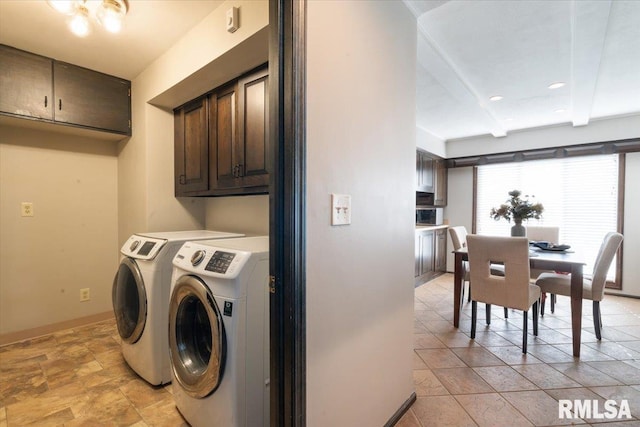 laundry room featuring stone finish flooring, washing machine and dryer, recessed lighting, cabinet space, and baseboards