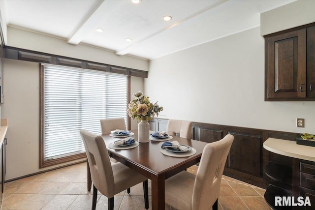 dining room featuring light tile patterned floors, beam ceiling, and recessed lighting