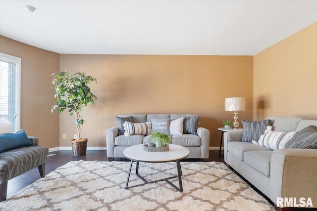 living area featuring baseboards and wood finished floors