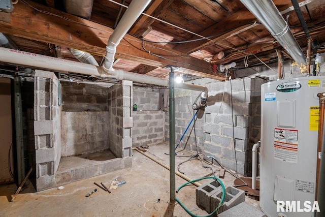 basement with electric water heater and electric panel