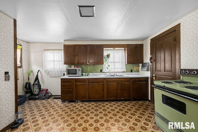 kitchen featuring sink, a wealth of natural light, range, and tasteful backsplash