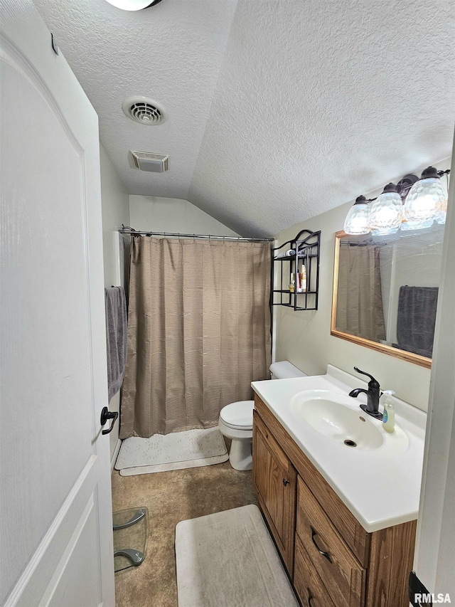 bathroom featuring toilet, lofted ceiling, vanity, and curtained shower