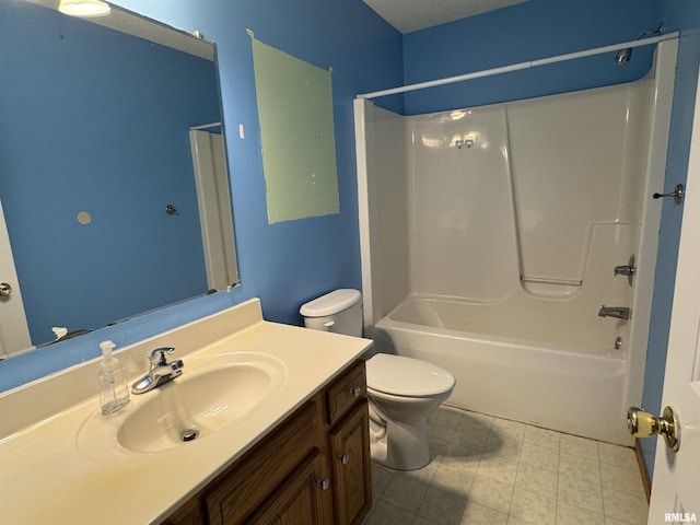 full bathroom with toilet, vanity, and shower / bathing tub combination