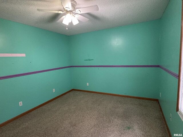 unfurnished bedroom with a textured ceiling, carpet flooring, a closet, and ceiling fan