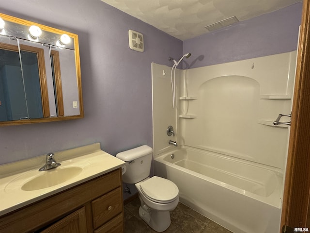 full bathroom featuring shower / bath combination, toilet, tile patterned floors, and vanity