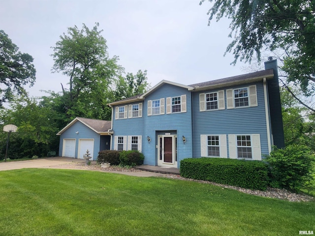 591 Breezy Point Dr, Clinton, IA 52732 - colonial-style house featuring a chimney, a front lawn, an attached garage, and driveway