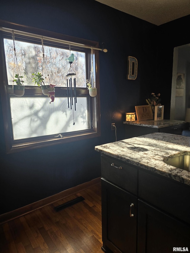 kitchen featuring light stone counters, dark hardwood / wood-style floors, and sink