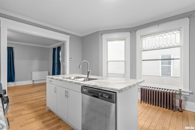 kitchen with radiator heating unit, white cabinetry, dishwasher, sink, and a kitchen island with sink