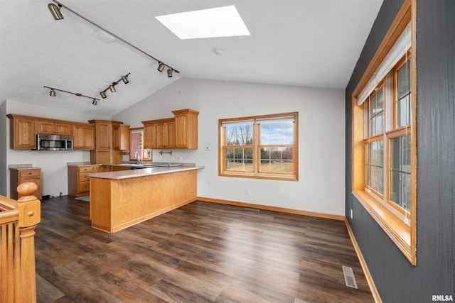 2260 260th Ave, De Witt, IA 52742 - kitchen featuring stainless steel microwave, a skylight, a peninsula, rail lighting, and dark wood finished floors