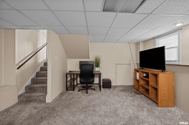 office featuring carpet floors and a drop ceiling