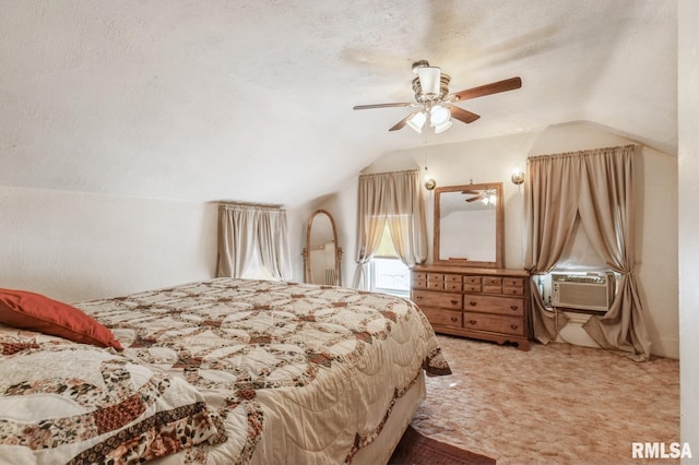 bedroom with cooling unit, ceiling fan, vaulted ceiling, and light carpet