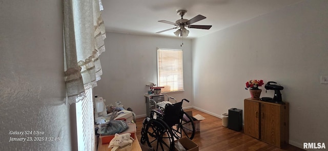 interior space featuring wood-type flooring and ceiling fan