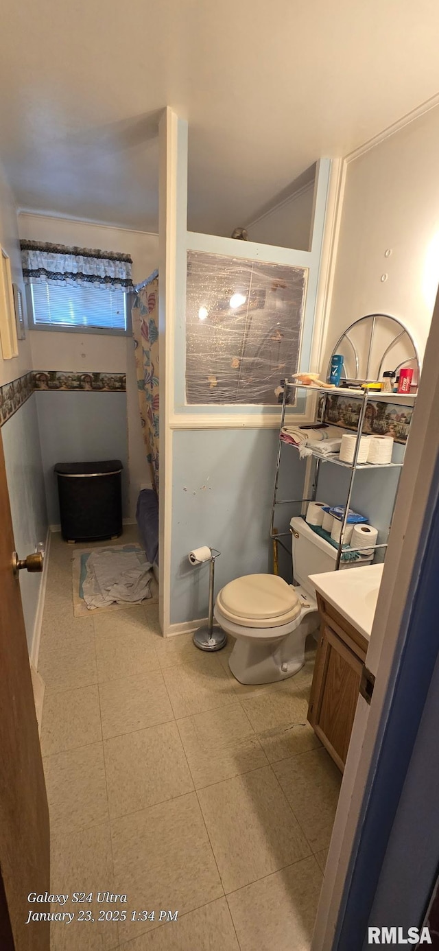 bathroom with vanity, toilet, and curtained shower