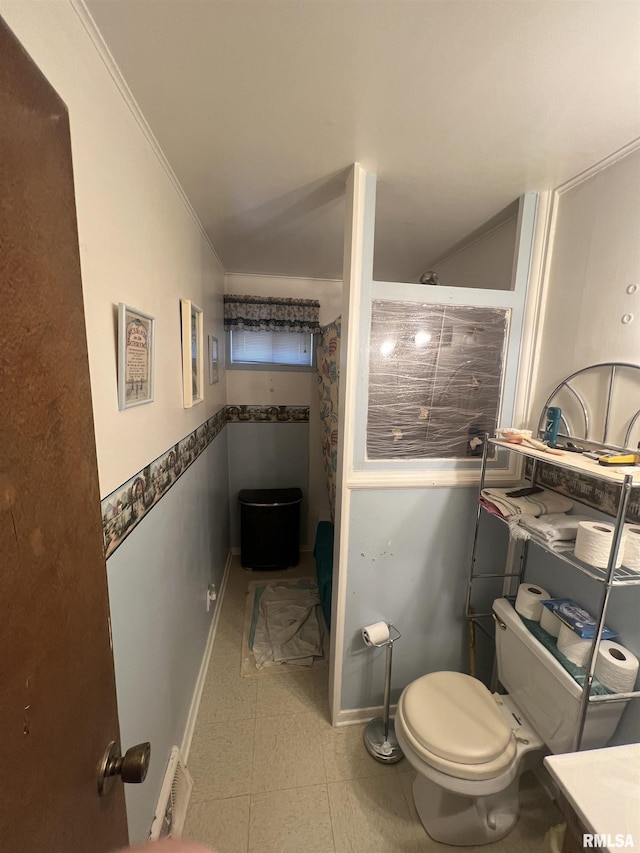 bathroom with vanity, ornamental molding, and toilet