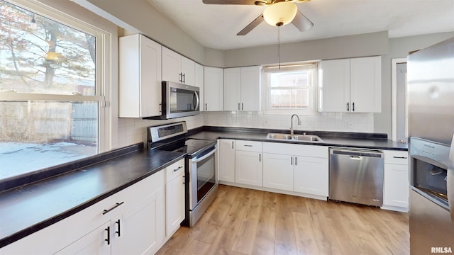 kitchen with sink, white cabinets, decorative backsplash, stainless steel appliances, and light wood-type flooring