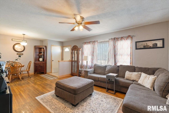 living room featuring ceiling fan, light hardwood / wood-style floors, and a textured ceiling