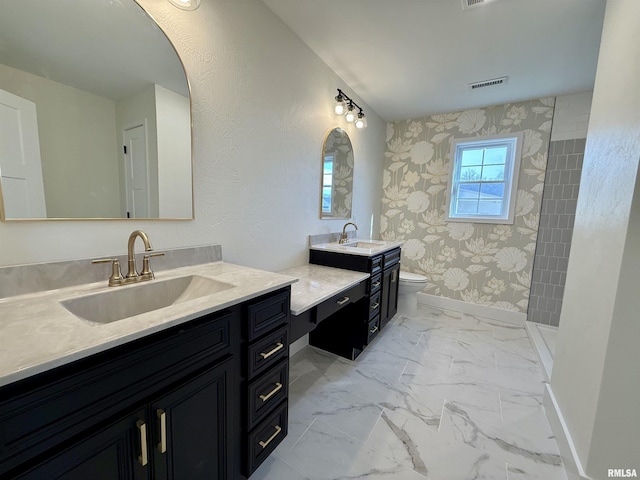 bathroom with vanity, a shower, and toilet