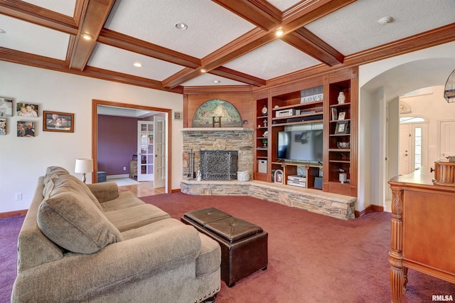 living room featuring coffered ceiling, ornamental molding, built in features, light colored carpet, and beam ceiling