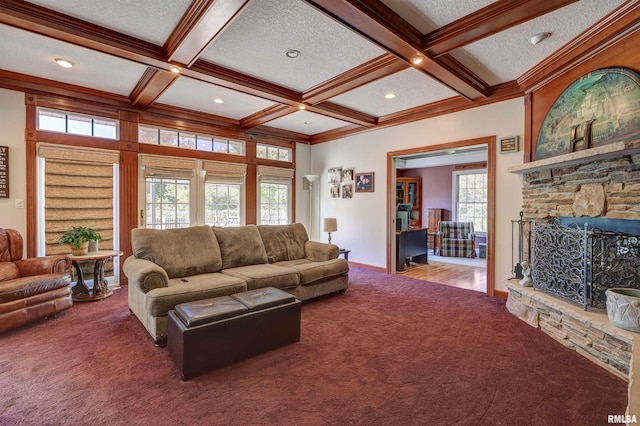 carpeted living room with coffered ceiling, a textured ceiling, and beamed ceiling