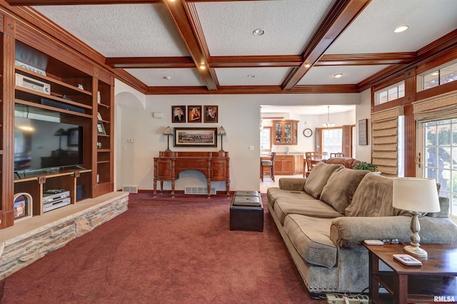 carpeted living room with coffered ceiling, beam ceiling, and a textured ceiling