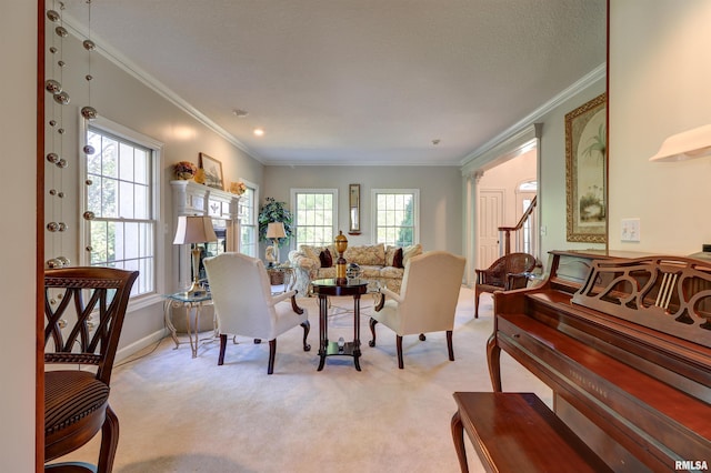 carpeted living room featuring crown molding