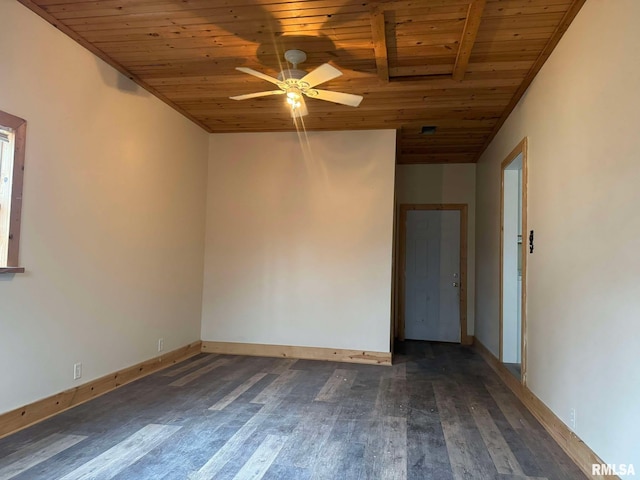 spare room with ceiling fan, dark wood-type flooring, and wood ceiling