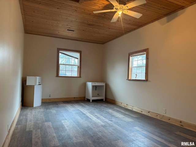 empty room featuring wooden ceiling, wood finished floors, a wealth of natural light, and a ceiling fan