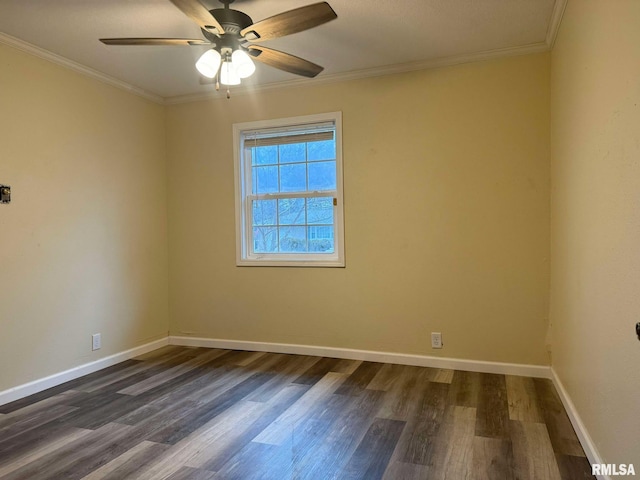 unfurnished room featuring dark wood-type flooring, crown molding, baseboards, and a ceiling fan