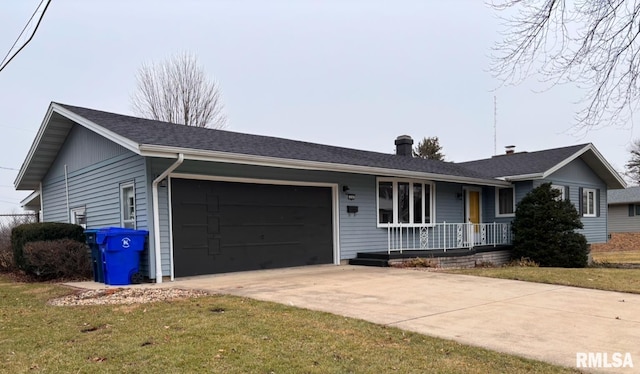 single story home featuring a garage, a front lawn, and a porch