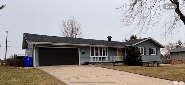 ranch-style home with a garage, a front yard, and a porch