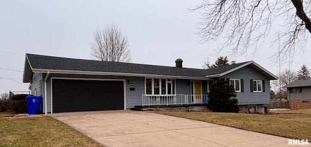 single story home with a porch, a garage, and a front lawn