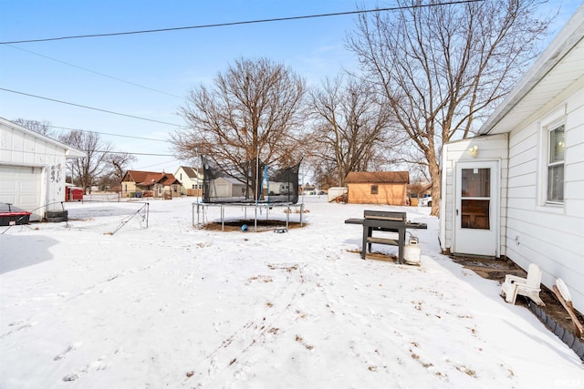 snowy yard with a storage unit and a trampoline