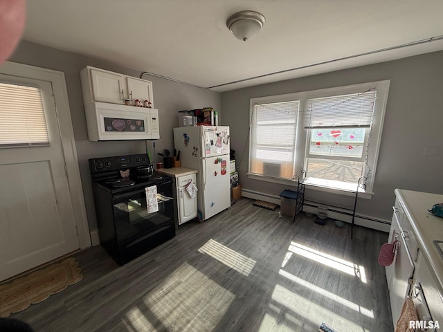 kitchen with a baseboard radiator, dark wood-type flooring, white cabinets, and white appliances