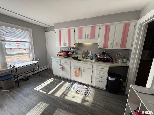 kitchen with white cabinetry, dark wood-type flooring, sink, and decorative backsplash