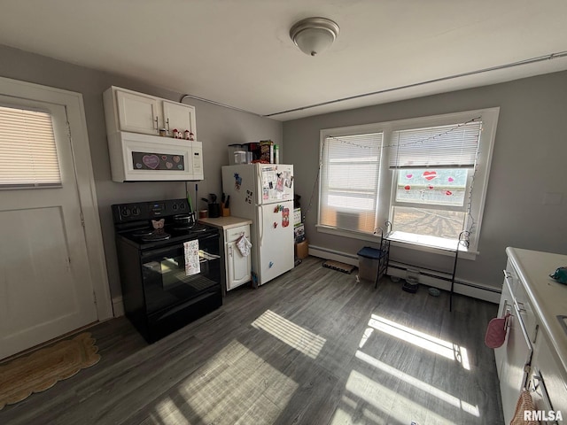 kitchen featuring white appliances, dark wood-type flooring, white cabinets, and baseboard heating
