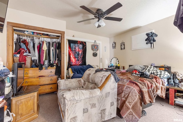 bedroom with ceiling fan, a closet, and carpet