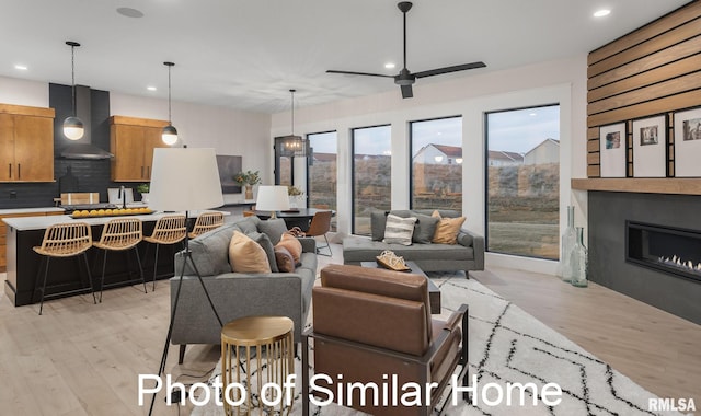 living room with light hardwood / wood-style flooring and ceiling fan