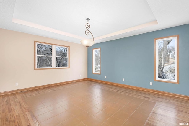 spare room with a raised ceiling and light wood-type flooring