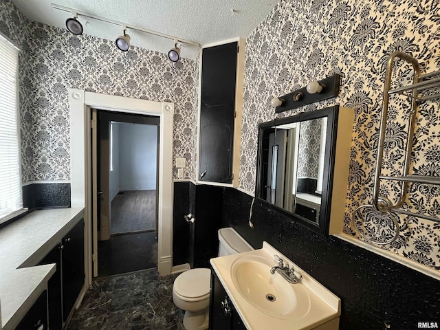 bathroom with vanity, toilet, and a textured ceiling