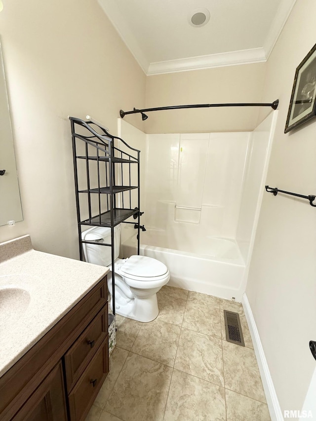 full bathroom with vanity, crown molding, toilet, and visible vents