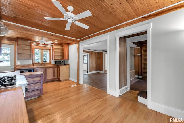 kitchen with wooden walls, wooden ceiling, and light hardwood / wood-style floors