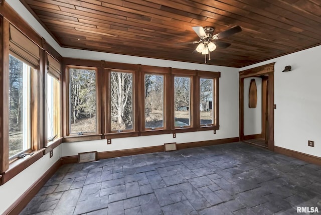 unfurnished sunroom featuring wood ceiling and ceiling fan